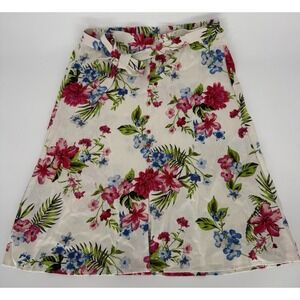Vintage Linen Blend Skirt Women's Size Large Floral Print Tie Waist Midi A‎ Line